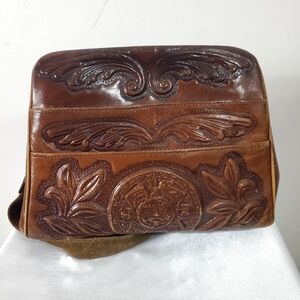 Vintage 70s Tooled Leather Satchel Shoulderbag Brown Distressed
